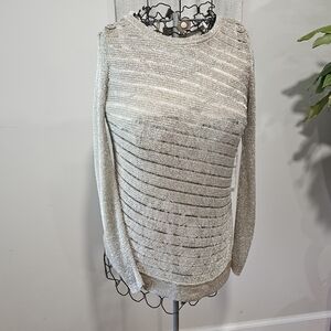 Chico's 3 Silver Metalic Mesh L/S Open Knit Tunic Top Sweater Lined Side Slit